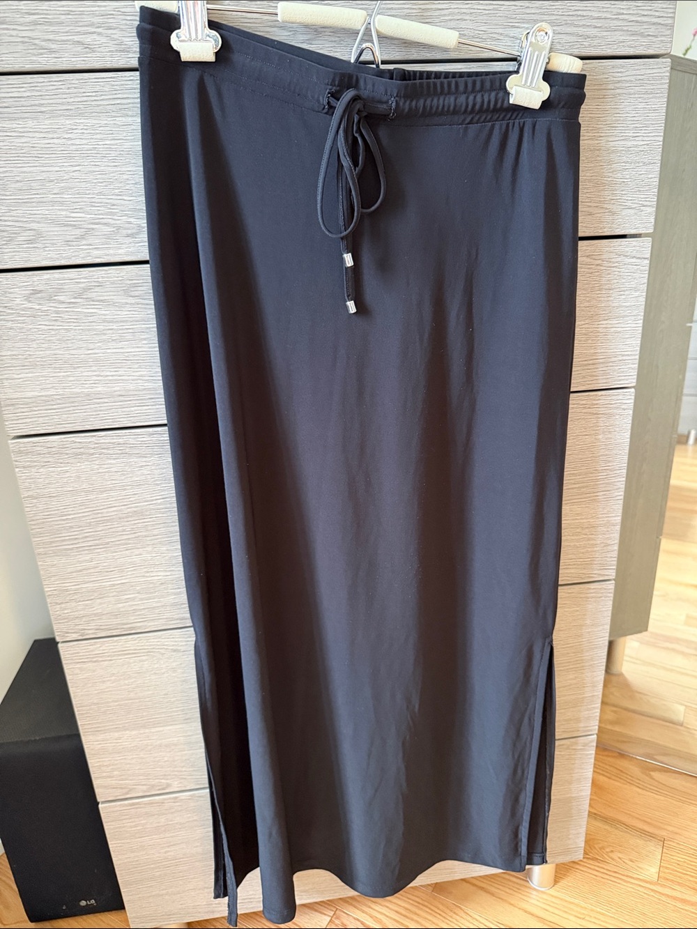 Black Drawstring Maxi Skirt with Side Slits